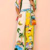Women’S Summer Print Two-Piece Set with Short Sleeve Button-Up Top and Drawstring Pants -WF-TZ50167