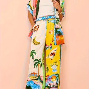 Women'S Summer Print Two-Piece Set with Short Sleeve Button-Up Top and Drawstring Pants -WF-TZ50167