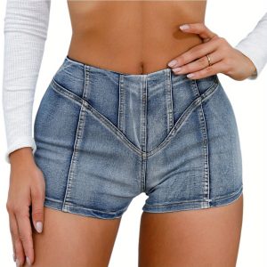 High Waisted Spicy Girl Slim Fit And Slimming Natural Color Women'S Denim Shorts, V-Shaped Line Back Zipper Design, Summer High Elasticity Comfortable Casual Fashion Hot Pants, Denim Super Shorts