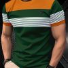Men’S Casual Short Sleeve-Shirt- Orange Green White Striped Design, Breathable Fabric, Regular Fit, Washable Daily Wear and Outdoor Activities, Warm Season Clothing, Classic Crew Neck, Easy Care Fabric, Everyday Fashion Shirt