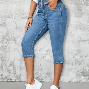 Light blue fashionable high-waisted seven-quarter pants with three rows of elastic waistband and hip-lifting design