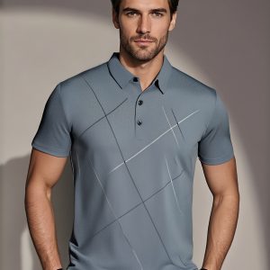 JOSFOND Men's Summer Shirt - Breathable Ice Sliky Fiber Fabric, Loose Fit Casual Short Sleeve with Geometric Pattern, Elegant Brown Collar & Button Details for Office & Leisure Wear, Quality Tailoring, Weekend Outfit, Lightweight Material, Stylish Men