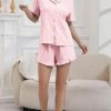 2 sets of Women’s pajama set, lapel short-sleeved top+ ruffled shorts, solid color flower jacquard pattern, fabric, comfortable home casual loungewear can be worn outside
