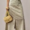 Women’s Elegant High-Waisted Midi Skirt – Flowy, White & Beige Striped, with Pockets, Versatile Summer Skirt