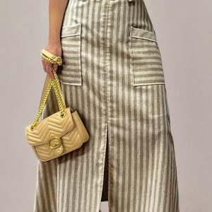 Women's Elegant High-Waisted Midi Skirt - Flowy, White & Beige Striped, with Pockets, Versatile Summer Skirt