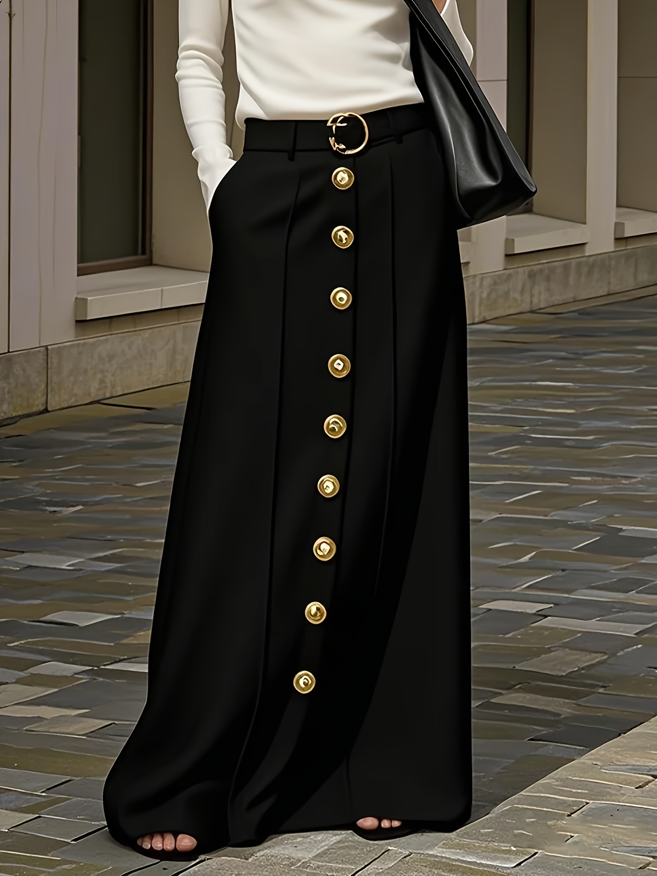 Elegant Black High-Waisted Pleated Skirt With Button Closure - Spring Fashionable Outfit, Elegant Women'S Skirt With Pockets, Springu002FFall Office & Casual Wear.Perfect For Springu002FSummeru002FFall