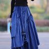 Summer A-Line Skirt Maxi Length, Loose Fit Women’s A-Line Skirt | Blue & Black Gingham Check Asymmetrical Hem, Machine Washable – Springu002FSummer Casual & Formal Outfits, No Stretch Fabric