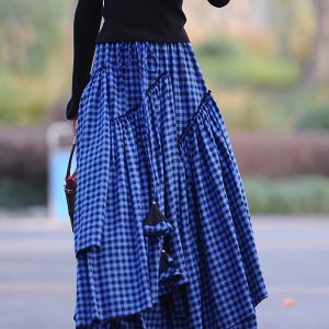 Summer A-Line Skirt Maxi Length, Loose Fit Women's A-Line Skirt | Blue & Black Gingham Check Asymmetrical Hem, Machine Washable - Springu002FSummer Casual & Formal Outfits, No Stretch Fabric