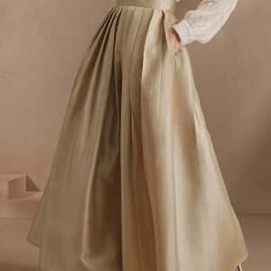 Women'S Elegant High-Waisted Pleated Midi Skirt - Beige, Long Flowing Design with Ruffled Hem, Perfect for Summer, Versatile Fashion|Ruffled Hem Skirt|Sleek Appearance