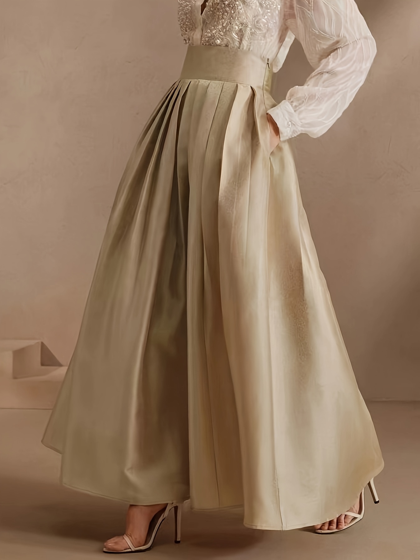 Women'S Elegant High-Waisted Pleated Midi Skirt - Beige, Long Flowing Design with Ruffled Hem, Perfect for Summer, Versatile Fashion|Ruffled Hem Skirt|Sleek Appearance