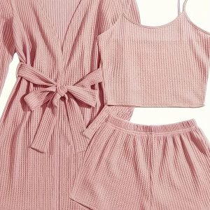 3pcs Casual Pajama Set outer Robe, Vest, And Shorts Loose, Soft, And Comfortable Women'S Pajama Set