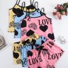 3 Sets Of Women’S Heart&Letter Print Cami Top& Bow Tie Shorts Pj Sets