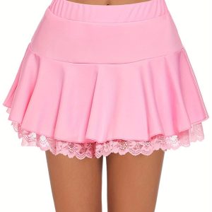 Women's White Pleated Mini Skirt - Chic, Lightweight Polyester, Elastic Waistband, A-Line Flared, Perfect for Summer, Stylish Attire with Lace Ruffles