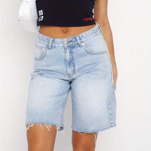 Women Y2k Baggy Denim Bermuda Shorts Vintage Wash High Waist Straight Leg Knee Length Carpenter Long Jorts