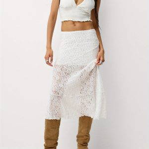 Women'S Casual Polyester Lace Maxi Skirt - Sheer Solid Color, Woven Style, All-Season Elegant Patchwork Skirt