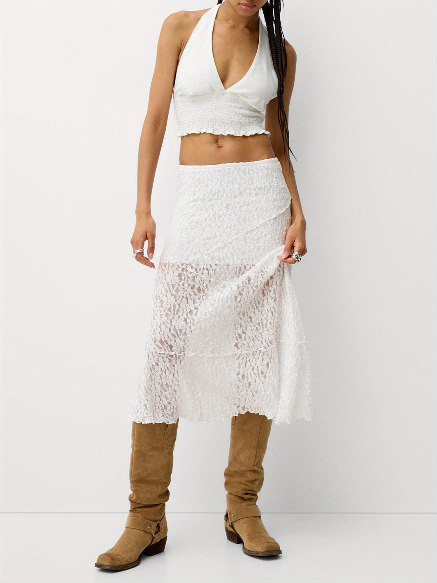 Women'S Casual Polyester Lace Maxi Skirt - Sheer Solid Color, Woven Style, All-Season Elegant Patchwork Skirt