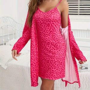 Women'S Leopard Print Sexy Bodycon Garter Skirt + Long Sleeve Nightgown 2pcs Set