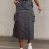Beige Cargo Skirt Women’s High-Waist Beige Cargo Skirt with Drawstring Waist & Back Slit – Retro American Style, Lightweight Polyester, Perfect for Springu002FFall, Casual to Semi-Formal Wear, Casual Attire | Retro Style Skirt | Lightweight Skirt