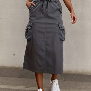 Beige Cargo Skirt Women's High-Waist Beige Cargo Skirt with Drawstring Waist & Back Slit - Retro American Style, Lightweight Polyester, Perfect for Springu002FFall, Casual to Semi-Formal Wear, Casual Attire | Retro Style Skirt | Lightweight Skirt