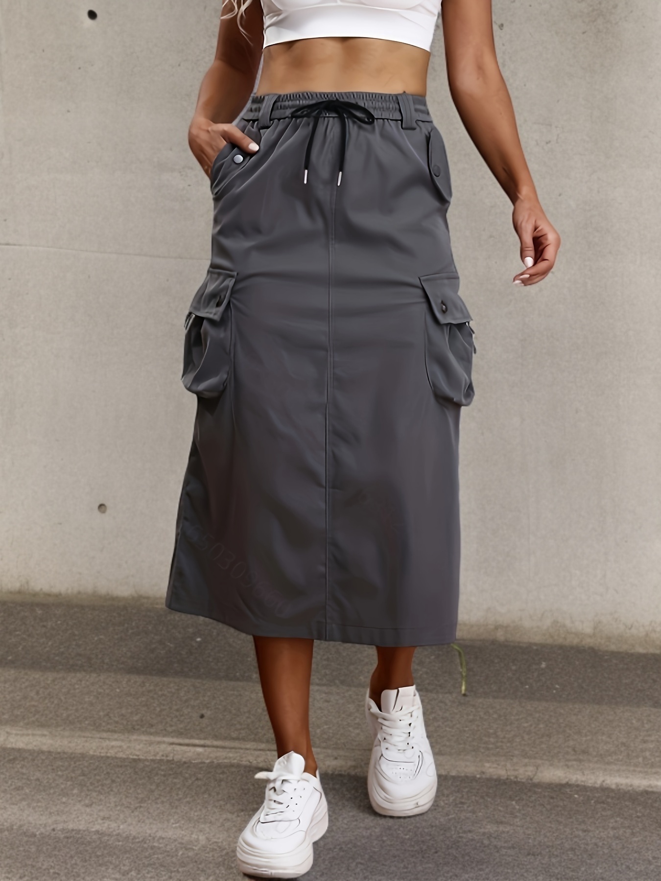 Beige Cargo Skirt Women's High-Waist Beige Cargo Skirt with Drawstring Waist & Back Slit - Retro American Style, Lightweight Polyester, Perfect for Springu002FFall, Casual to Semi-Formal Wear, Casual Attire | Retro Style Skirt | Lightweight Skirt
