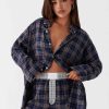 Women’s Plaid Button-Patchwork Shirt Shorts Home Set Blue