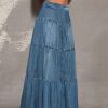 Women’S A-Line Tiered Denim Skirt with Elastic Waistband – High-Waisted, Ruffled Hem, Light Blue Jean Skirt for Casual or Stylish Outfits, High Waisted Skirt, Western Style Skirt, Ruffled Hem Skirt