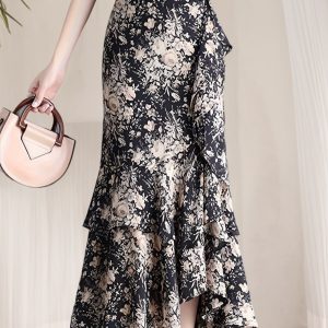 Elegant|Floral High-Waisted Elegant Floral Print Chiffon Maxi Skirt | Mermaid Hem, Polyester, All-Season Wear, No Belt, Stylish Black Strappy Sandals, Allseason Skirt|Floral Print Skirt