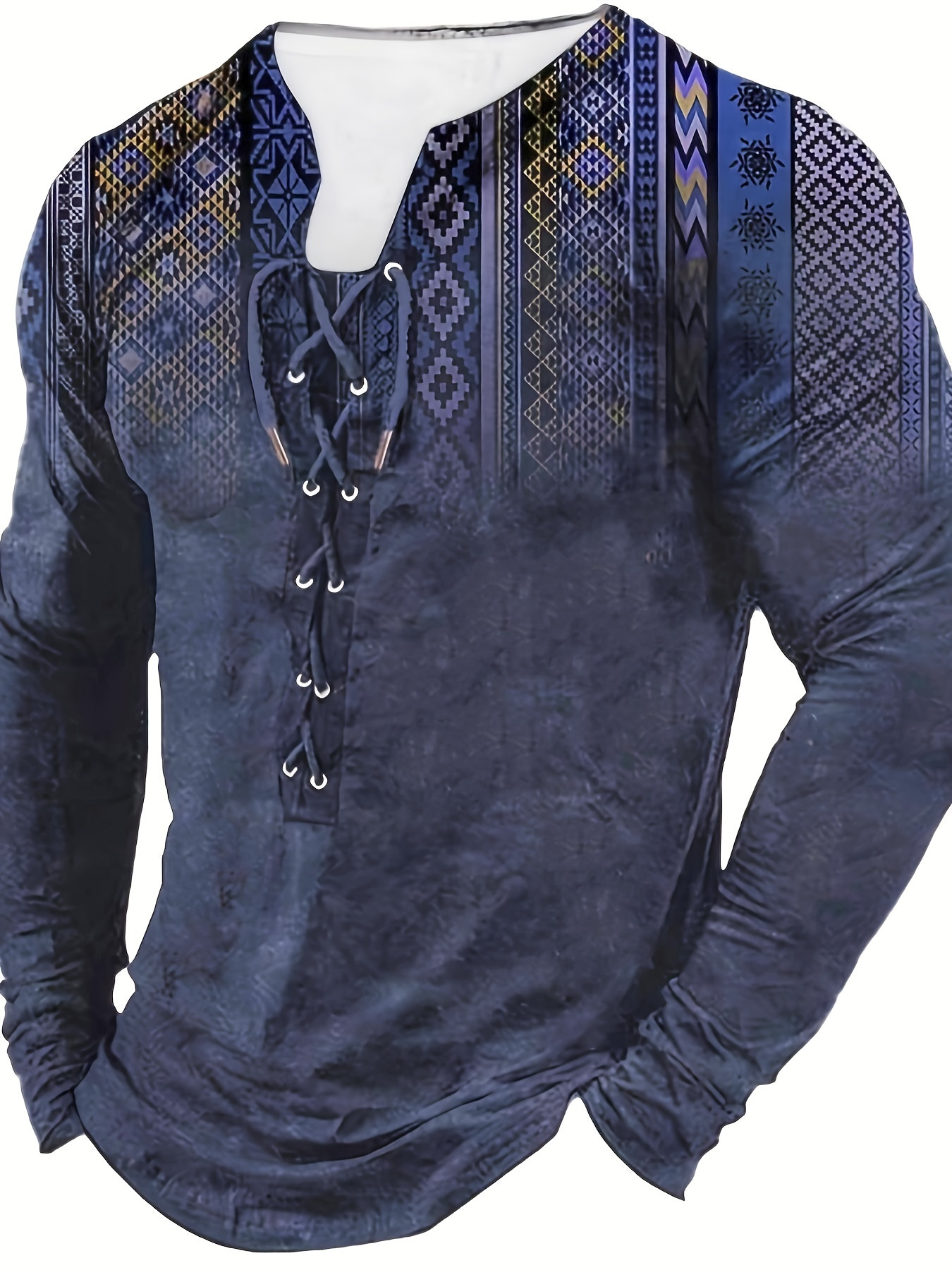 Men's long sleeved Henry shirt, 3D printed Bohemian style pattern, spring vintage clothing, Men's gift
