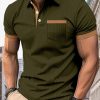 Men’s Classic Golf Shirt with Stylish Contrast Trim – Casual Short Sleeve with Chest Pocket, Green Vertical Stripes & Color Block Design for Home and Outdoor Wear, Summer Comfort Wear