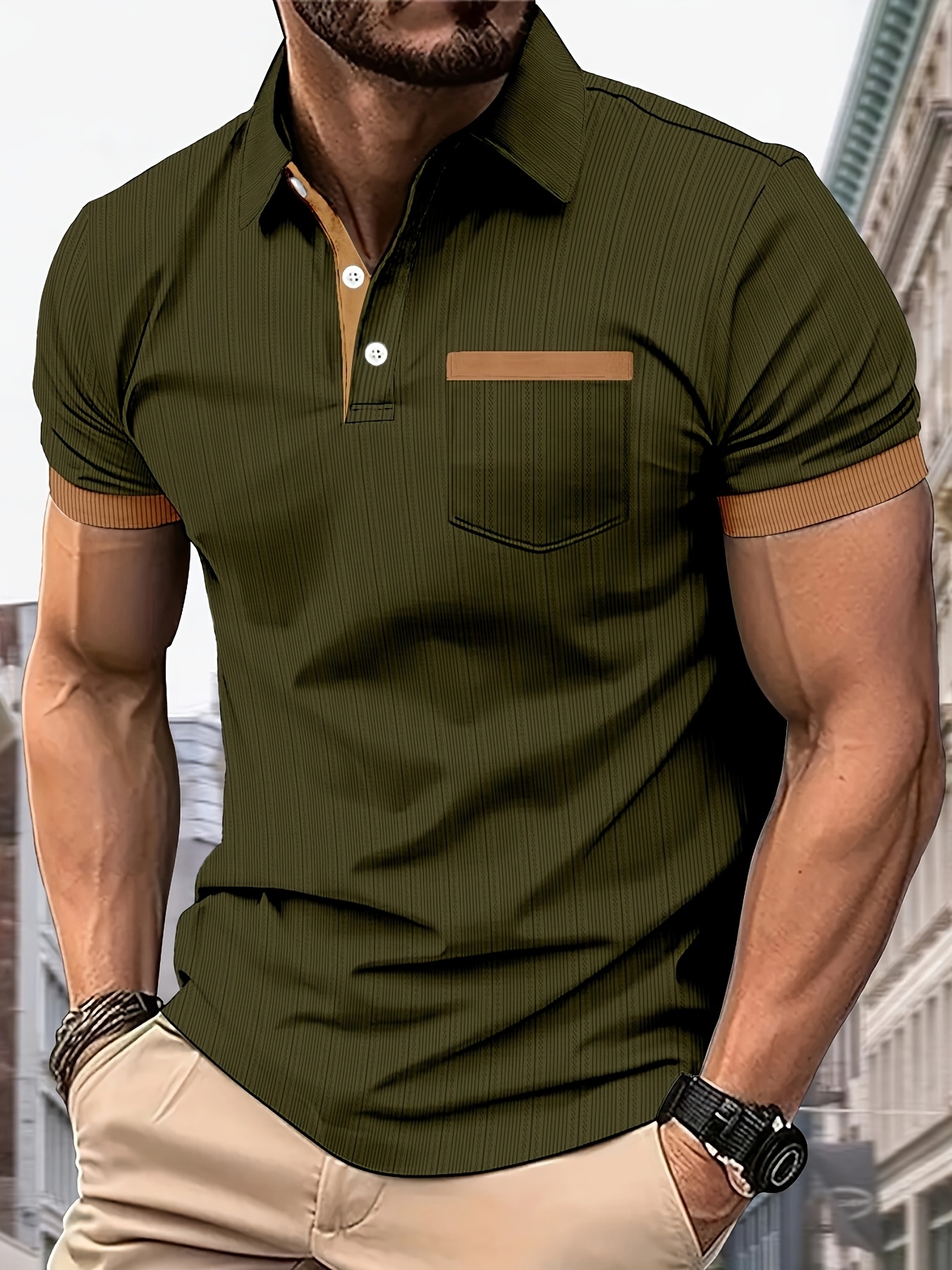 Men's Classic Golf Shirt with Stylish Contrast Trim - Casual Short Sleeve with Chest Pocket, Green Vertical Stripes & Color Block Design for Home and Outdoor Wear, Summer Comfort Wear