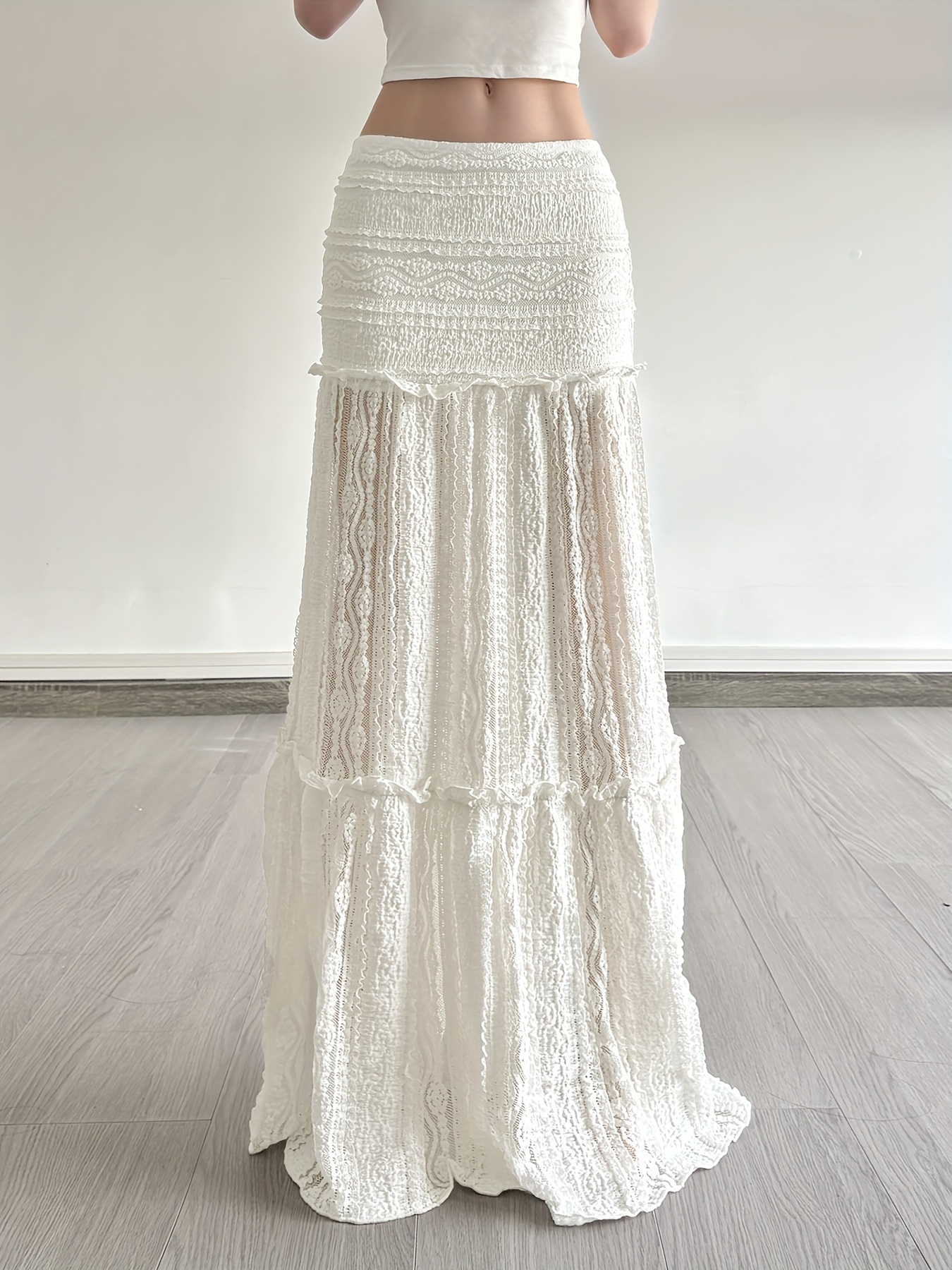 SassyGals French-Inspired Lace-Trimmed Jacquard Half-Transparent Skirt - Low Waist, Effect, Elegant Summer Women'S Dress with Intricate Lace Detailing
