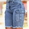 Ladies Fashion Work Baggy Denim Bermuda Shorts, Solid Color, Medium Stretch, With Pocket, For Springu002FSummer