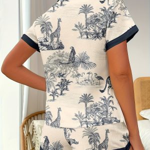Women'S Casual Summer Outfit - Multicolor Giraffe & Leopard Print Bubble Pleated Shorts Set, Short Sleeve, Button-Up Collar, Lightweight Polyester, Perfect for Casual Attire, Casual Summer Wear|Playful Print Shorts|Polyester Fabric