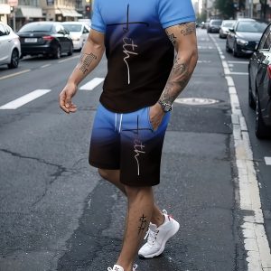 Men's 2pcs Fashionable Blue And Black Gradient Faith Text Pattern Printed Short Sleeved Round Neck T-shirt And Drawstring Shorts Set, Comfortable And Breathable Up And for Casual Sports Street Vacation