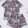 Two-piece Leopard And Butterfly Print Pajama Set That Can Be Worn As Outerwear, Short-sleeved Cardigan Lapel Top And Loose Elastic Shorts, Casual All-season Women’S Pajama And Loungewear Set
