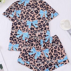 Two-piece Leopard And Butterfly Print Pajama Set That Can Be Worn As Outerwear, Short-sleeved Cardigan Lapel Top And Loose Elastic Shorts, Casual All-season Women'S Pajama And Loungewear Set
