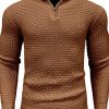 Men’s Elegant Brown Knit Top with Subtle Stand Collar and 1u002F4 Zipper Detail – Long Sleeve, Polyester, Perfect for Casual to Semi-Formal Wear