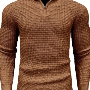 Men's Elegant Brown Knit Top with Subtle Stand Collar and 1u002F4 Zipper Detail - Long Sleeve, Polyester, Perfect for Casual to Semi-Formal Wear