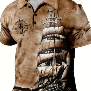 Men's Nautical Adventure Short-Sleeve Shirt - Tan Sailing Ship Print with Compass Rose Design, Breathable Summer Fabric, Machine Washable Regular Fit Casual Top, Cruise T Shirts, Maritime Apparel, Comfortable Casualwear