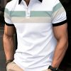 Breathable Striped Shirt Summer Breathable Men’s Casual Striped Shirt | Short Sleeve with Button Detail, White Base with Green & Black Stripes, Classic Collar Design, Contrast Stripe Design, Golf & Tennis Wear