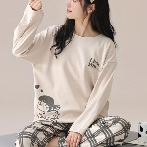 Women'S Stylish And Casual Pajama Set With Cartoon Patterns, Featuring A Round Neck, Long Sleeves, And Checkered Long Pants For Autumn And Winter. As Loungewear And Casual Wear, It Is Suitable For Outdoor Wear And Offers Comfort.