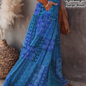 Women's Bohemian High-Waist A-Line Tiered Skirt with Pockets - Vintage Floral Print, Lightweight Polyester, Ruffled Hem, Ideal for All Seasons, High Waisted Skirt