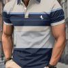 Men’S Short-Sleeved Polo Shirt, Casual 3D Printed Golf Shirt, Black, Gray And White Striped Pattern, Sporty Style, Men’S Summer Short-Sleeved Shirt