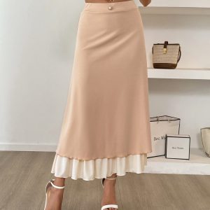 Women's Elegant Beigeu002F Midi Skirt - Long Formalu002FEveryday skirt with Shirred Waist, Machine Washable Polyester for Parties, Office, Casual Outfits, Versatile Fashion, Ruffle Hem, Fabric, Stylish Apparel, Party Goers