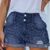 Women’S Summer Street Style Denim Shorts with Rhinestone Accents – High-Waisted, Straight Leg, Stretchy, Pockets, Solid Black, Denim Shorts
