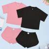 4pcs Women’S Casual Pajama Set, Short Sleeved Off Shoulder And Crop Top, Top And Side Split Shorts, Loose, Soft And Comfortable Home Wear Pajama Set