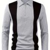 Men’s Casual Color Block Shirt with Zipper – Long Sleeve, Textured Fabric for Fall Outdoor Wear