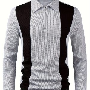 Men's Casual Color Block Shirt with Zipper - Long Sleeve, Textured Fabric for Fall Outdoor Wear