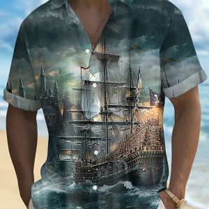 Men'S Vintage Nautical Pirate Print Button-Up Shirt With Chest Pocket- Short Sleeve, Summer Casual Wear, Retro Sailboat& Ocean Scene Design, Lightweight Non-Stretch Fabric, Pirate Print Shirt | Adventurous Aesthetic | Classic Collar