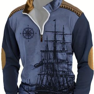 Dark Blue Nautical - Printed Long - Sleeved Polo Shirt, Shaping a Casual Style for Stylish Men, Abrasion - Resistant Cuffs, Excellent Texture with Polyester Fabric, an Excellent Choice for Father'S Day